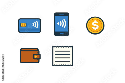 Digital payment methods include a credit card, smartphone, coin, wallet, and receipt displayed together on a plain background