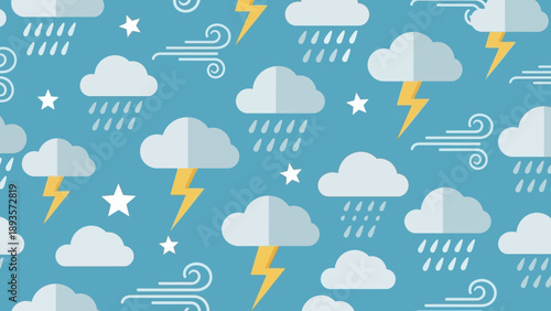 Seamless Weather Pattern with Clouds, Rain, Lightning, and Wind Icons for Backgrounds
