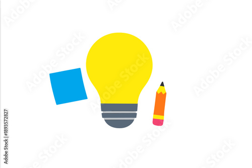 Colorful paper cutouts of a light bulb, pencil, and sticky note arranged on a plain background for creative and educational purposes in a simple workspace