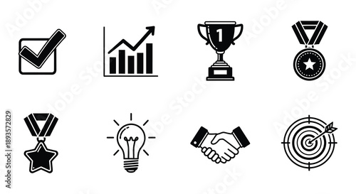 Black and white icons representing success ideas and achievement