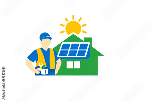 Technician installs solar panels on a house during daytime with sunlight shining