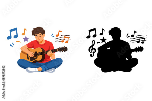 Young boy plays guitar while sitting on the floor with music notes around him, showing his passion for music and creativity in a simple room setting