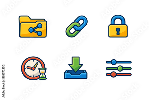 Icons representing file sharing, link creation, security, timing, download, and adjustments for digital tools in a simple layout