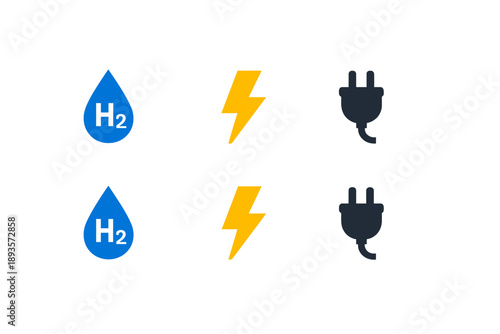 Symbols for hydrogen, electricity, and power connections in a simple design to represent energy concepts clearly in a modern layout