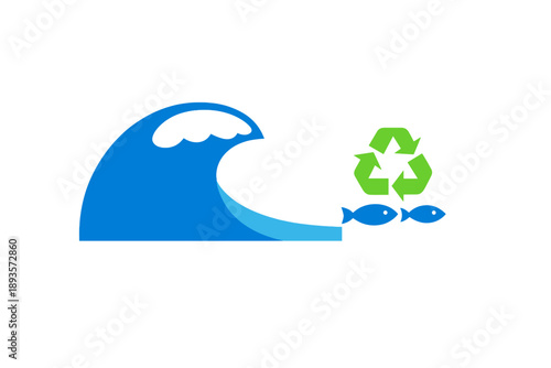 Logo design showing a wave, fish, and recycling symbol to promote ocean conservation and sustainability efforts in marine environments