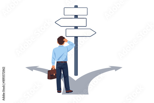 Man stands at a signpost looking confused about which path to follow during decision making in a city setting