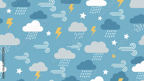 Seamless Pattern of Diverse Weather Elements: Clouds, Rain, Wind, and Lightning on a Blue Sky Background for Digital Designs