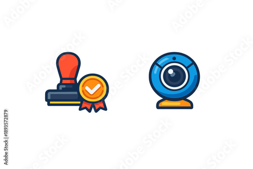 Digital stamp symbolizing approval next to a webcam indicating online communication during a remote meeting or event