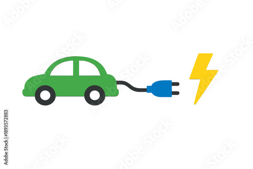Electric car connects to charging station for energy boost to drive down the road and reduce carbon emissions during the daytime