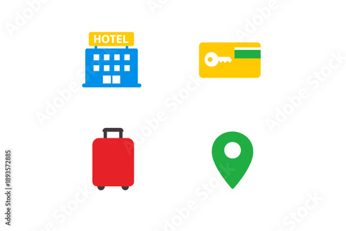Hotel key card, luggage, location pin, and hotel building icons for travel and accommodation schemes