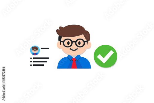 Person smiling with check mark symbol next to profile card, indicating successful verification while working at office on a bright day