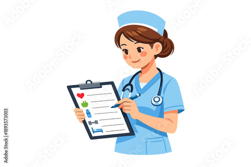 Nurse checking patient notes and recording important health information at a medical facility during a routine examination