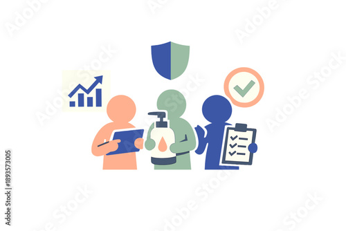 Group of people discussing health and safety practices with charts and hand sanitizer in the workplace environment