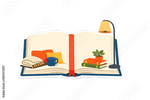 Open book with cozy items on a table, showing a lamp, plant, cup, pillows, and books, creating a warm reading space for enjoying stories and knowledge during a quiet evening