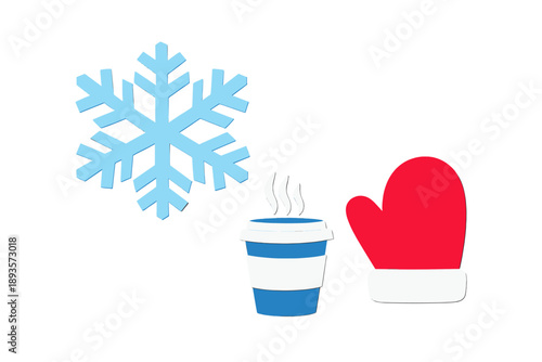 Winter scene with snowflake, hot drink in cup, and warm mittens on a white background showing the season's elements