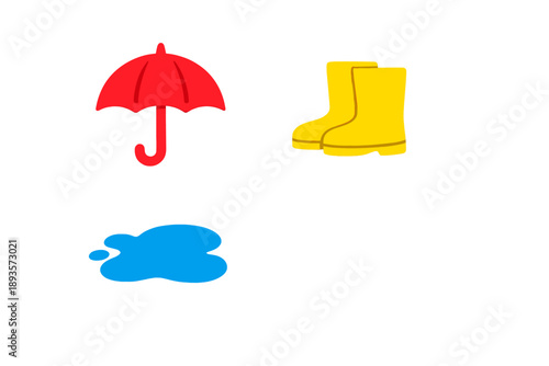 Bright red umbrella and yellow rain boots next to blue puddle and cloud symbol during rainy weather with fun design elements