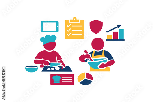 Two chefs are cooking in the kitchen while checking a list and reviewing statistics on a tablet with graphs and charts displayed