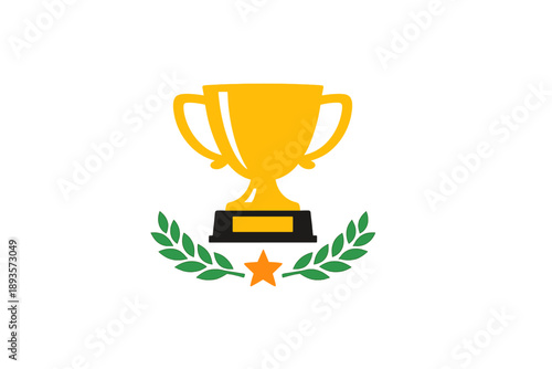 Golden trophy with green leaves and a star sits on a black base representing achievement in competition and awards during a sports event in a bright setting