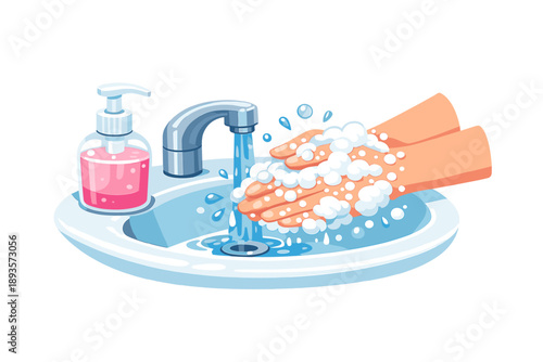 Hands are washing with soap at a sink with running water while a bottle of liquid soap is on the counter next to the faucet and sink during a typical day at home