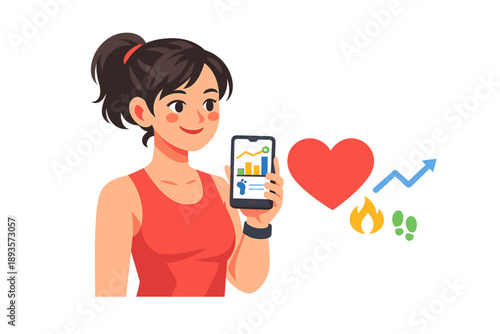 Woman checks fitness app on phone while tracking health data and progress in a gym or fitness setting at a bright time of day