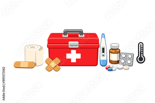 Red first aid kit and medical supplies arranged on a white background with bandages, medicine, and a thermometer set up for health care needs