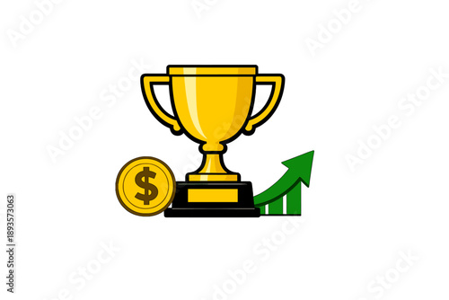 Trophy represents success with money and growth in business and finance during competition or achievement at a specific event or period