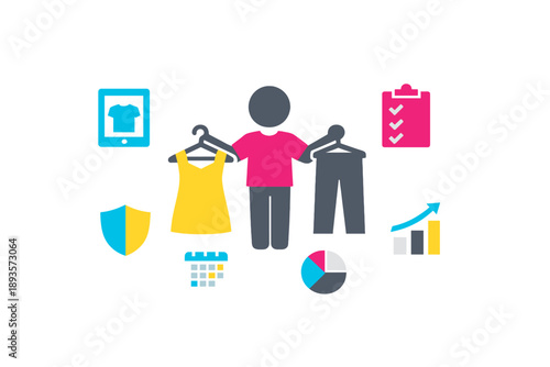 Person showing clothes for sale with report and data analysis in background during a busy shopping day