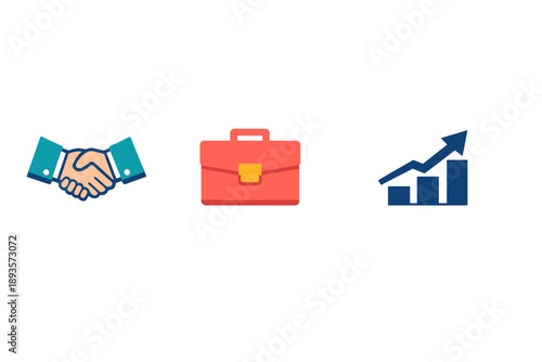 Business partnership and growth symbols with a handshake, briefcase, and chart in a simple design