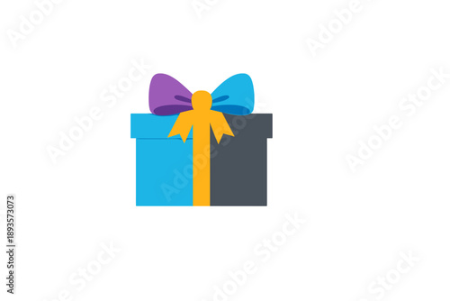Gift box with a blue bow and a yellow ribbon sits on a plain white background during a celebration or special occasion