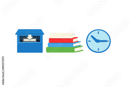 Box for documents, stack of books, and a clock indicating time during a study or planning session in a simple workspace