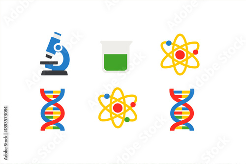 Science symbols show a microscope, a beaker, atoms, and DNA strands in a clear layout designed for educational purposes in a classroom setting