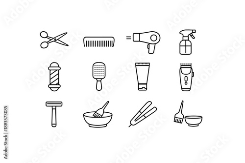 Collection of barber and hairstylist tools and equipment icons in a clean line art style