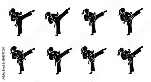 Silhouette illustrations of women practicing martial arts kicks in a grid pattern