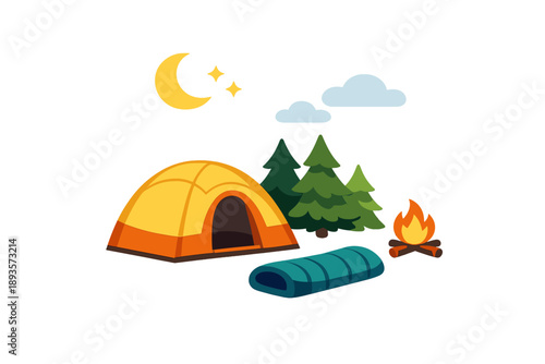 Camping scene with tent, campfire, sleeping bag, trees, and moon at night in a wilderness setting