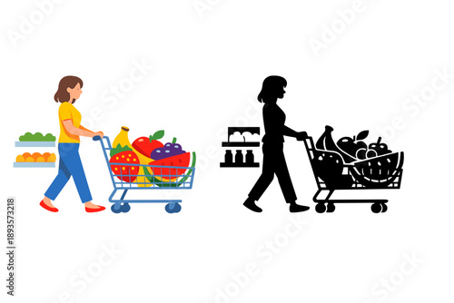 Grocery shopping activity at a store featuring a person pushing a cart with fruits and vegetables alongside a shadowed figure