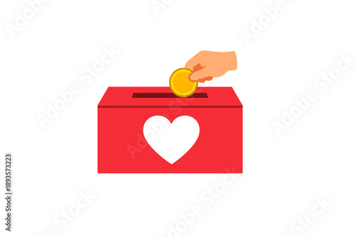 Donation box shows a hand dropping a coin into a red box with a heart cutout at a community event in a public space during the day