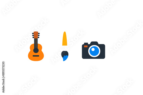 Musical instruments and art tools placed together in a simple arrangement showing creativity and hobbies in one spot