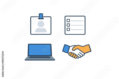 Business meeting setup showing ID badge, checklist, laptop, and handshake for networking and collaboration