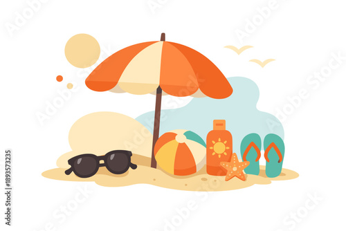 Beach scene with an umbrella, a ball, sunglasses, flip flops, and a bottle on sand during sunny weather