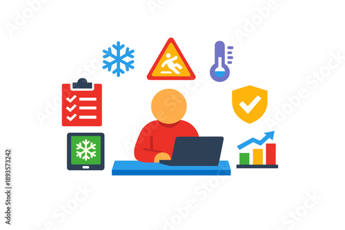 Person works on laptop with symbols of winter safety, data analysis, and project management in a simple office setting during daytime