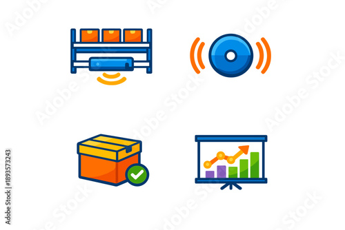 Symbols showing various aspects of technology and data management in a modern setting like inventory control and data analysis showing their importance for businesses