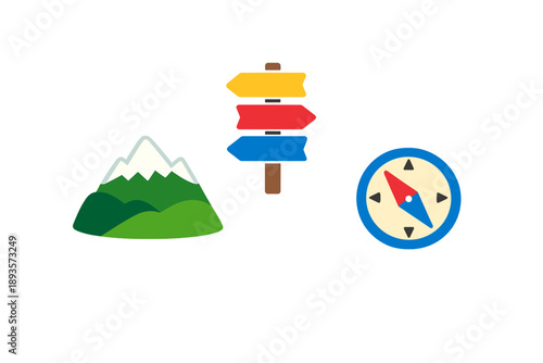 Mountain landscape with signpost and compass used for outdoor navigation and adventure planning in nature