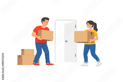 Two people carry boxes while moving items through a doorway in a home during the daytime