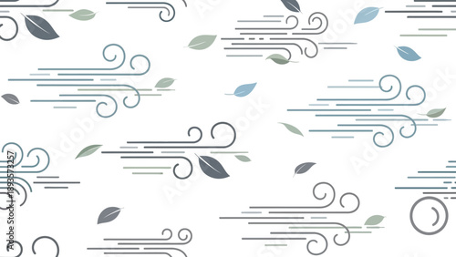 Stylized seamless pattern of wind gusts and drifting leaves, abstract natural background design