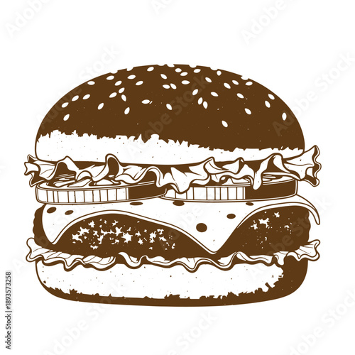 Vintage Grunge texture a drawing of a burger with cheese lettuce and sesame seed bun on white