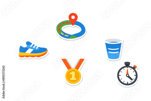 Running event with sports icons showing a shoe, a map, a medal, a cup, and a stopwatch in a simple layout for promoting physical activity and competitions