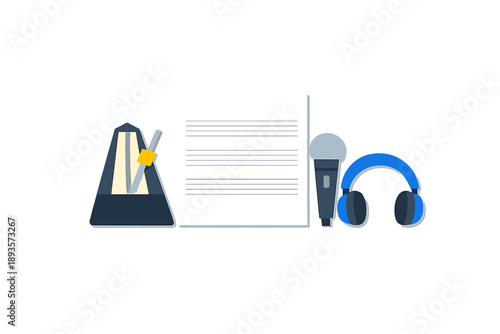 Tools for music practice with a metronome, microphone, sheet of paper, and headphones on a blank background suitable for compositions and recordings in a studio setting