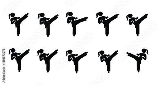 Silhouette illustrations of women practicing martial arts kicks in a grid pattern