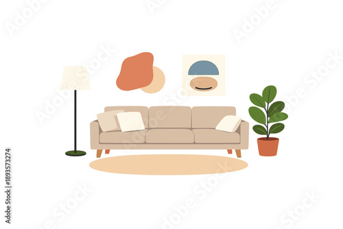 Couch with cushions placed in a simple living room area with wall art, a plant, and a lamp in the background during daylight hours