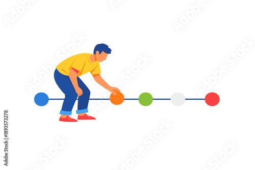 Person places colored ball on line during a creative activity to sort colors and practice coordination skills in a simple indoor setting in the afternoon